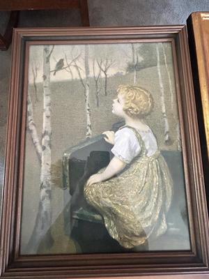 REINTHAL & NEWMAN N.Y. LITHOGRAPH PRINT BY JOHN DRESCHER “SPRING SONG BIRD” & VINTAGE LANDSCAPE PAINTING UNSURE OF ARTIST