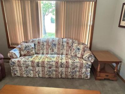 CHARLES SCHNEIDER SOFA AND COLONIAL EARLY AMERICAN ACCENT TABLE