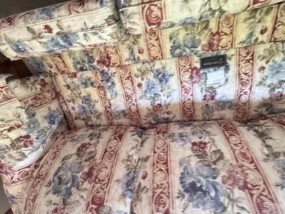 CHARLES SCHNEIDER SOFA AND COLONIAL EARLY AMERICAN ACCENT TABLE