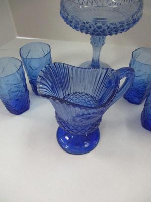 Vintage Avon Fostoria George/Martha Washington Cobalt Blue Pitcher - Diamond Point Regal Compote & Pedestal Bowl Indiana - The Seneca...