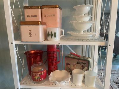 Household - Kitchen - Lot 13 Vintage Canisters & Aluminum Pitcher & Lassie Lunch Box