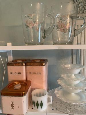 Household - Kitchen - Lot 13 Vintage Canisters & Aluminum Pitcher & Lassie Lunch Box