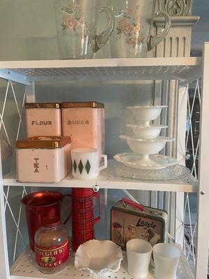 Household - Kitchen - Lot 13 Vintage Canisters & Aluminum Pitcher & Lassie Lunch Box