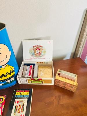 VTG PEANUTS TRASH CAN, SAMSUNG 3D ACTIVE GLASSES, PLAYING CARDS AND PUZZLES