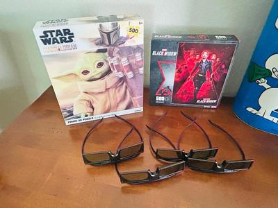 VTG PEANUTS TRASH CAN, SAMSUNG 3D ACTIVE GLASSES, PLAYING CARDS AND PUZZLES