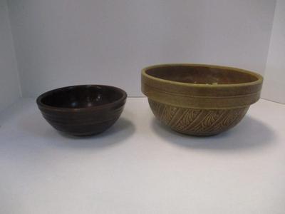Antique Brown Embossed Stoneware Pottery Mixing Bowls Primitive Farmhouse Made In USA
