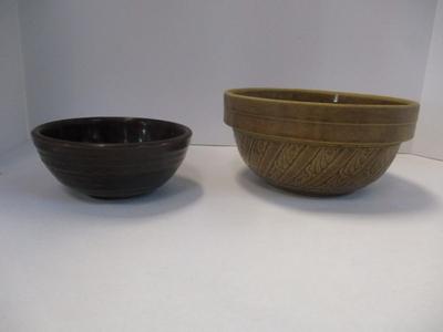 Antique Brown Embossed Stoneware Pottery Mixing Bowls Primitive Farmhouse Made In USA