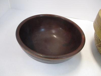 Antique Brown Embossed Stoneware Pottery Mixing Bowls Primitive Farmhouse Made In USA