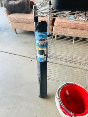WIRE SHELF, 5 GALLON GAS CAN, BUCKETS, WINDSHIELD COVER, TRASHCAN