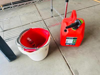 WIRE SHELF, 5 GALLON GAS CAN, BUCKETS, WINDSHIELD COVER, TRASHCAN