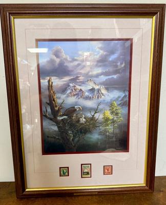Sale Photo Thumbnail #142: Matted and Framed Print and Postage Stamps:  3cent and 6 cent Eagle Air Mail stamps, also a 29 cent Eagle US Savings Bond stamp. Framed size approx. 22" x 16".
