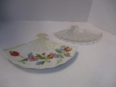 Antique Japanese Satsuma & Crystal Fan Shape Dishes