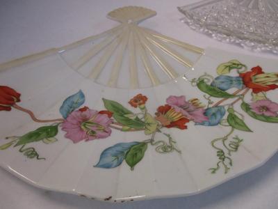 Antique Japanese Satsuma & Crystal Fan Shape Dishes