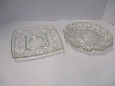 Anchor Hocking Glass Deviled Egg Round Dish & Vintage Hazel Atlas Colony Clear Deviled Egg Server