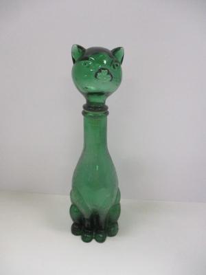 Vintage 14 1/2" MCM Green Glass Kitty Cat Empoli Italian Bottle Decanter 1960's