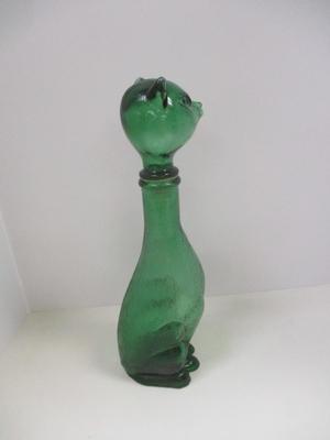 Vintage 14 1/2" MCM Green Glass Kitty Cat Empoli Italian Bottle Decanter 1960's