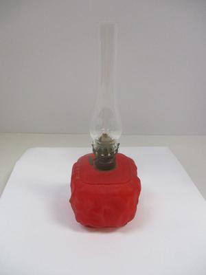 Antique P&A MFG Co. Acorn Red Satin Drapery Glass Kerosene Oil Lamp With Burner & Chimney