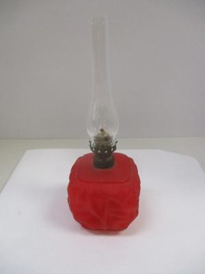 Antique P&A MFG Co. Acorn Red Satin Drapery Glass Kerosene Oil Lamp With Burner & Chimney