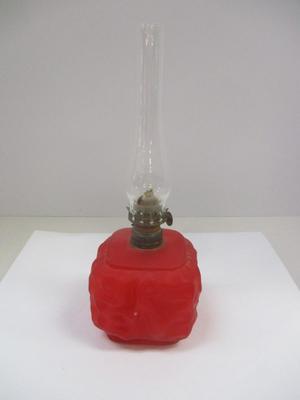 Antique P&A MFG Co. Acorn Red Satin Drapery Glass Kerosene Oil Lamp With Burner & Chimney