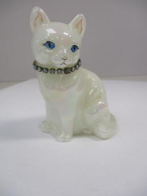 Fenton White Satin Sitting Cat Hand Painted
