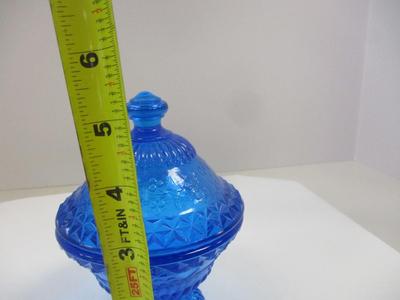 Blue Vaseline Glass Wildflower Covered Candy Dish