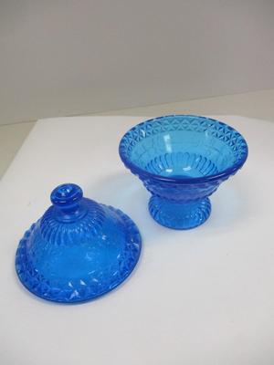 Blue Vaseline Glass Wildflower Covered Candy Dish