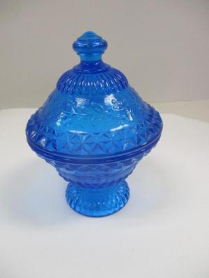 Blue Vaseline Glass Wildflower Covered Candy Dish