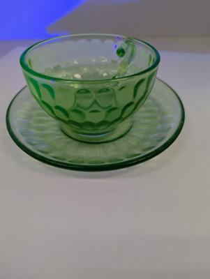 Vintage Federal Raindrops Uranium Green Depression Glass Cup & Saucer