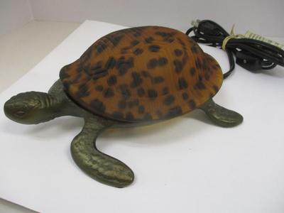 Amber Glass Turtle Brass Night Light