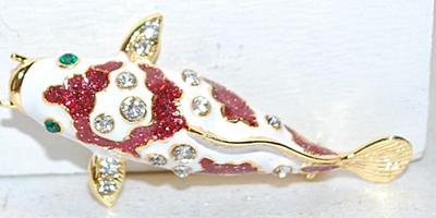 Beautiful RED & WHITE KOI GOLDFISH BROOCH (2½" x 1") with Green Eyes and Gold Colored Fins on a Gold Tone Setting