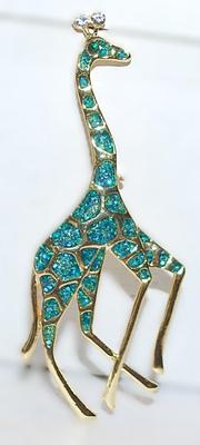 Impressive Tall CLOISONNE' Style AQUAMARINE GIRAFFE BROOCH (3" x 1½") on a Gold Tone Setting