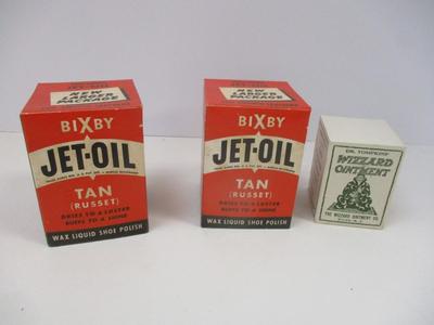 Antique 1940's The Famous Original Jet Oil Shoe Polish Bottles & Dr. Tompkins' Wizard Ointment Sylva, N. C.