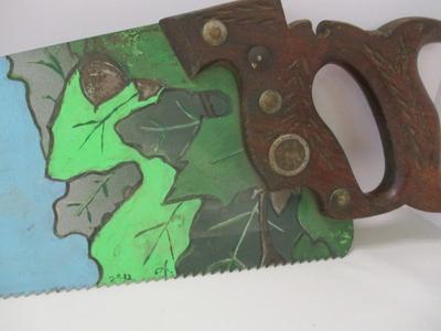 Signed Hand Painted Saw Oak Leaf