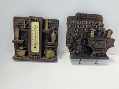 Retro Chalkware Thermometer 1975 Miller Studio Bless This House Wall Hanging & 1974 Kitchen Is The Heart Of The Home