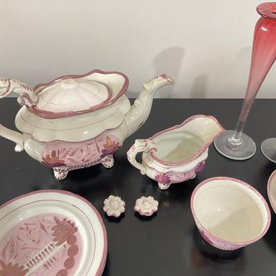 837 Antique Pink Lusterware Tea Set and glass vases