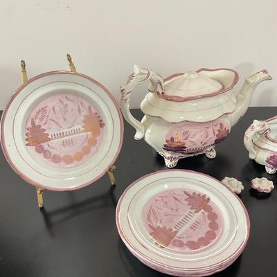 837 Antique Pink Lusterware Tea Set and glass vases