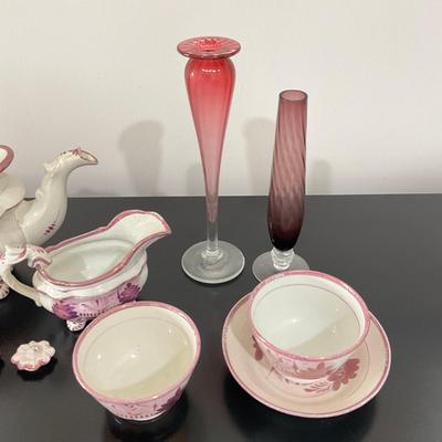837 Antique Pink Lusterware Tea Set and glass vases