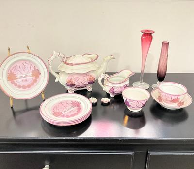 837 Antique Pink Lusterware Tea Set and glass vases
