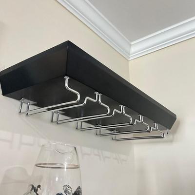838 Pair of Black Bottery Barn Wall Shelves With Glass Racks