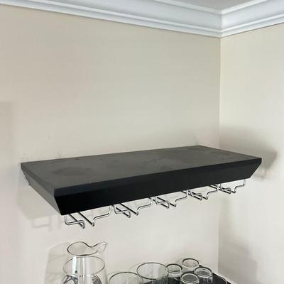 838 Pair of Black Bottery Barn Wall Shelves With Glass Racks