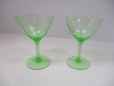 Vintage Set Of 2 Uranium Green Paneled Etched Floral Vine Champagne Glasses