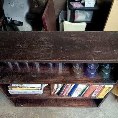 LOT 109: MCM Book Cae with Pink Depression Glassware, Cookbooks & Vintage Plastic Margarita Glasses