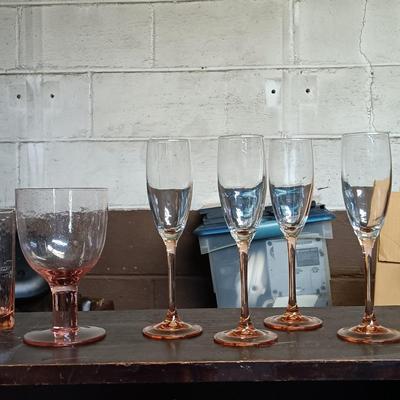 LOT 109: MCM Book Cae with Pink Depression Glassware, Cookbooks & Vintage Plastic Margarita Glasses