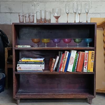 LOT 109: MCM Book Cae with Pink Depression Glassware, Cookbooks & Vintage Plastic Margarita Glasses