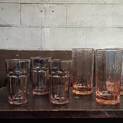 LOT 109: MCM Book Cae with Pink Depression Glassware, Cookbooks & Vintage Plastic Margarita Glasses
