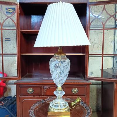 LOT 116: Western Germany Handcut Crystal and Metal Lamp with Antique Side Table