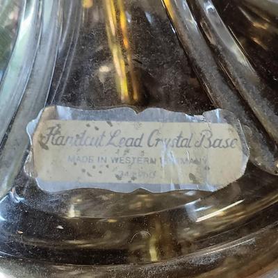 LOT 116: Western Germany Handcut Crystal and Metal Lamp with Antique Side Table