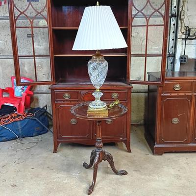 LOT 116: Western Germany Handcut Crystal and Metal Lamp with Antique Side Table