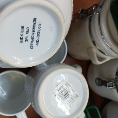 LOT 117: Temp-Tations Green Casserole Dishes with OGGI Canisters & Le Gourmet Chef Dishware