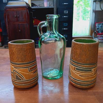 LOT 118: Vintage Oak Blanket Chest with Brass Electrified Candle Holder Lamp, Folk Art Pottery & More
